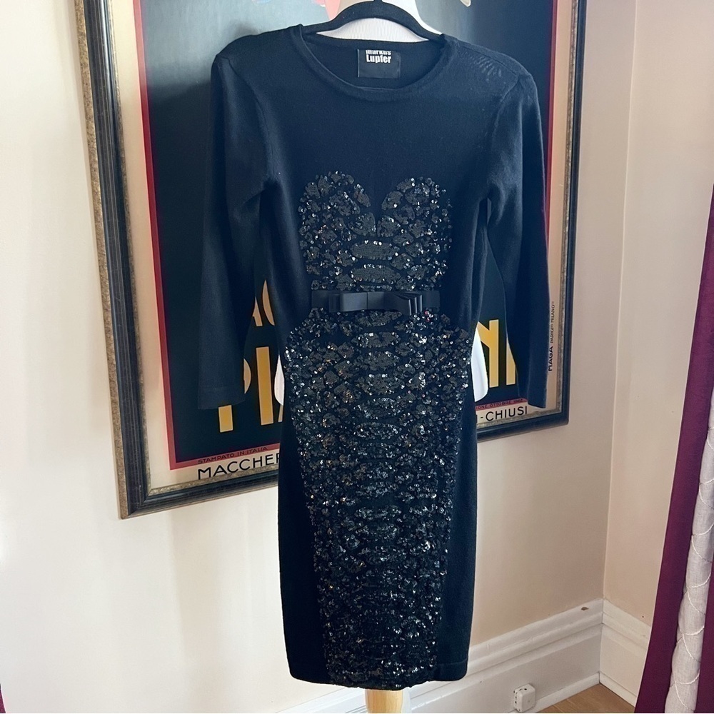Markus Lupfer Black Long Sleeve Leopard Sequin Sweetheart Bodycon Sweater Dress